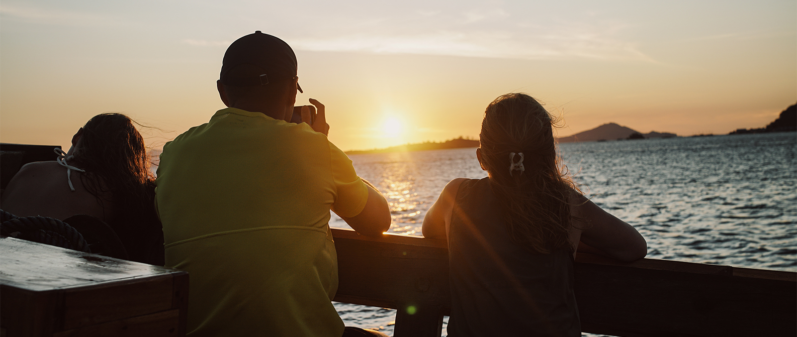Sunset view from Navila Komodo cruise deck during a Labuan Bajo liveaboard